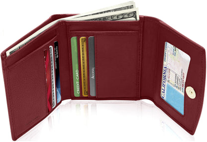 Genuine Leather Trifold Coin Wallet – ID Window, Snap Coin Pocket, RFID Blocking