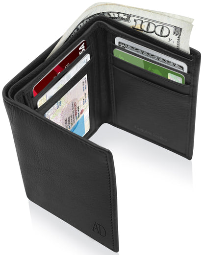 Genuine Leather Trifold Wallet – ID Window, 7 Card Slots, RFID Blocking