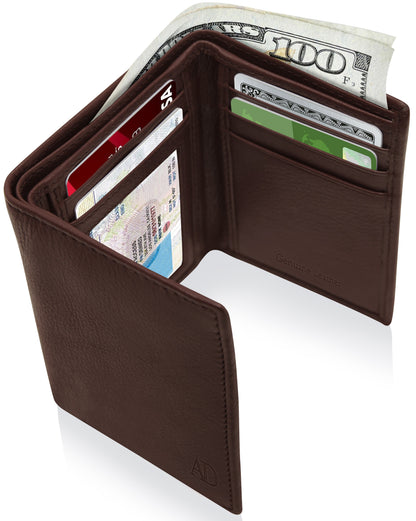 Genuine Leather Trifold Wallet – ID Window, 7 Card Slots, RFID Blocking