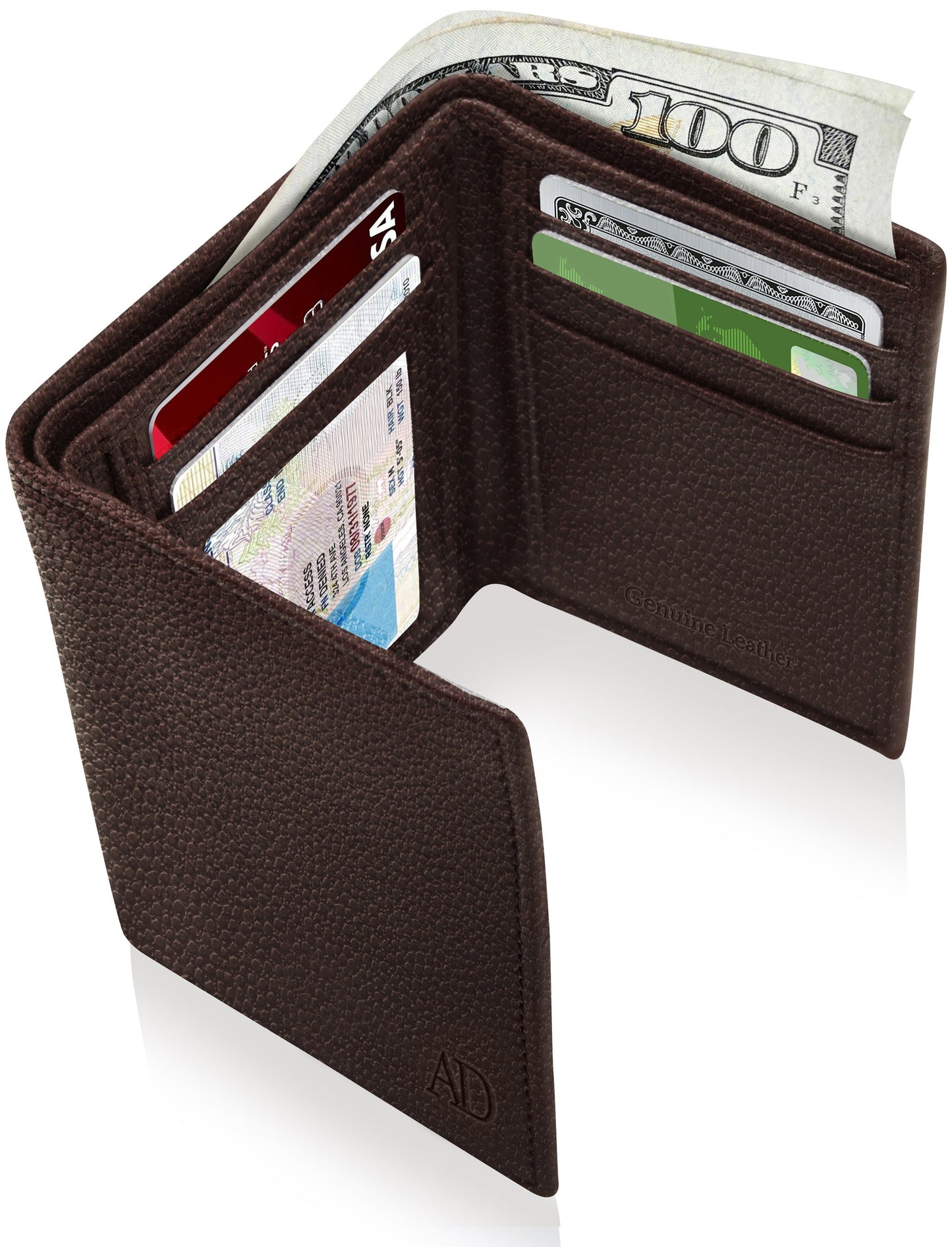 Genuine Leather Trifold Wallet – ID Window, 7 Card Slots, RFID Blocking