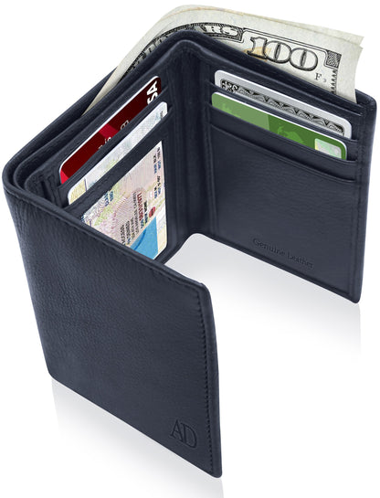 Genuine Leather Trifold Wallet – ID Window, 7 Card Slots, RFID Blocking