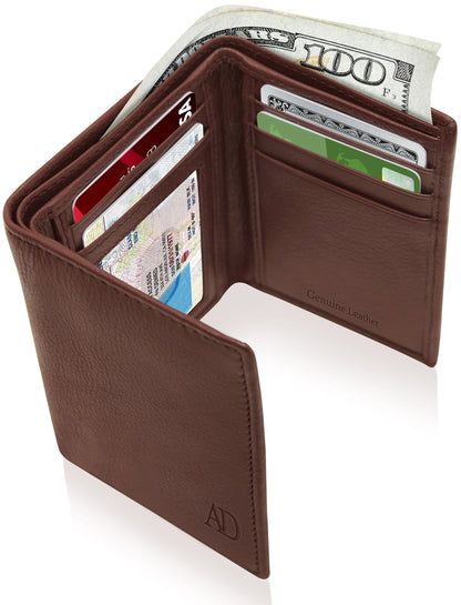 Genuine Leather Trifold Wallet – ID Window, 7 Card Slots, RFID Blocking