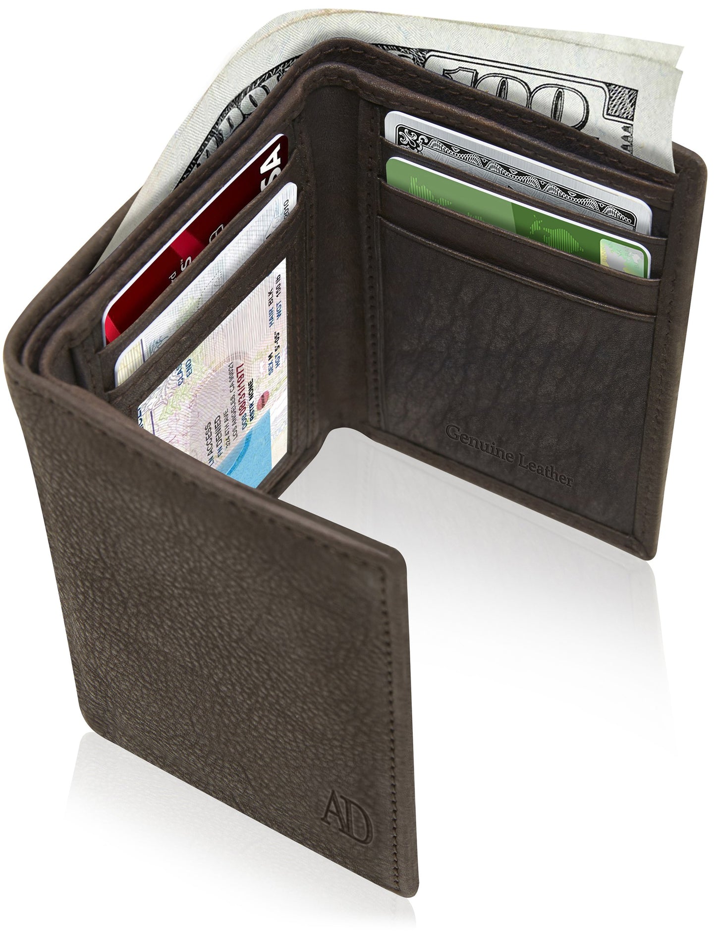 Genuine Leather Trifold Wallet – ID Window, 7 Card Slots, RFID Blocking